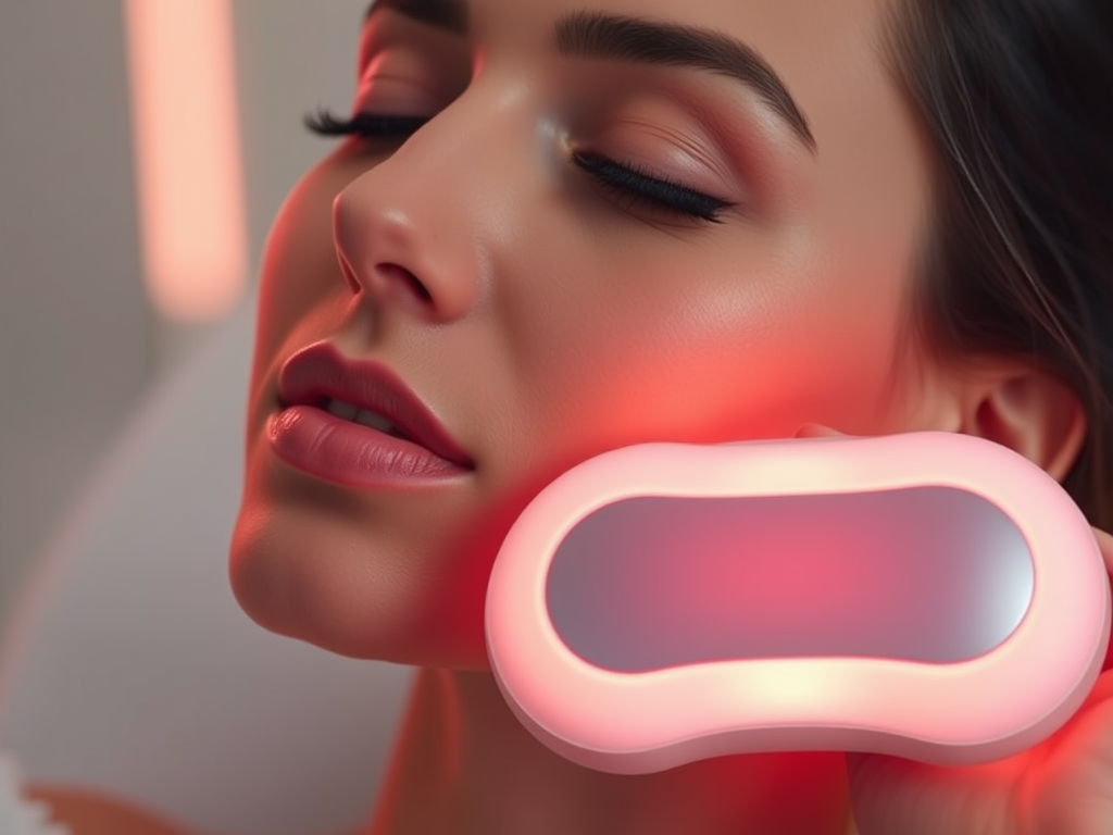Create a realistic image of a woman's face and neck illuminated by a soft red glow, with a sleek white facial massager device visible in the foreground. The woman appears relaxed, with her eyes closed and a serene expression, showcasing the calming effects of the treatment. The background is minimalist and blurred, focusing attention on the facial features and the device.