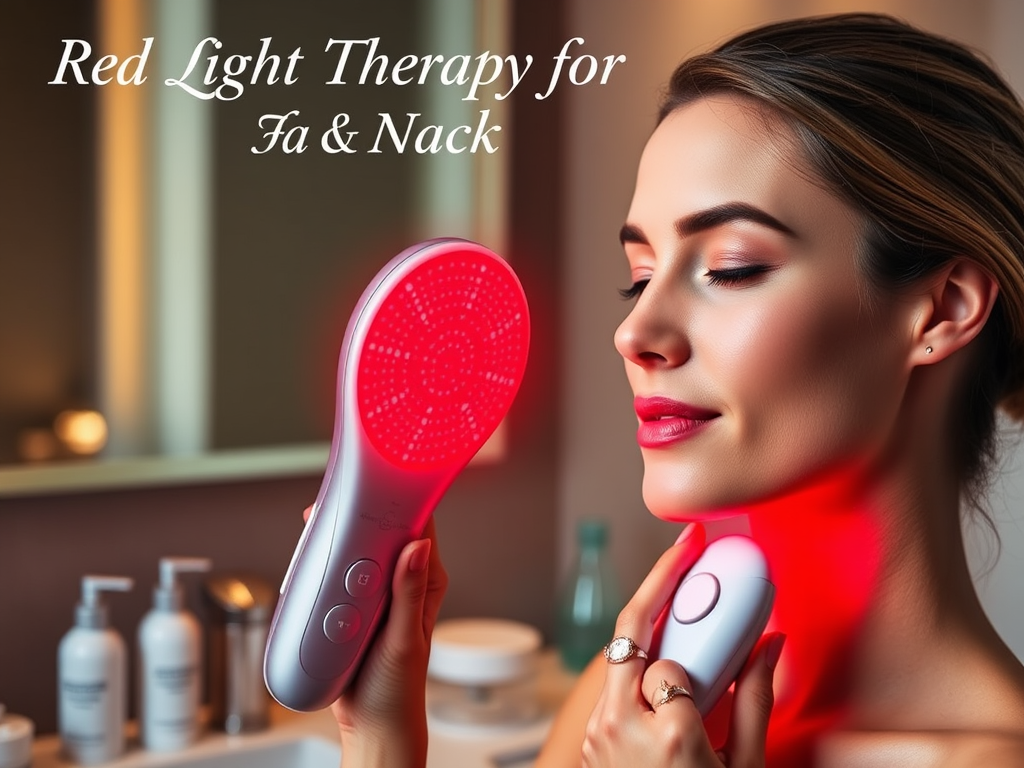 Create a realistic image of a sleek, handheld facial massager with red LED lights glowing on its surface, positioned next to a woman's face and neck. The device should have multiple buttons indicating different light therapy options. In the background, place skincare products and a mirror on a bathroom counter. Add soft, warm lighting to create a relaxing atmosphere. Include the text "Red Light Therapy for Face & Neck" in an elegant font at the top of the image.